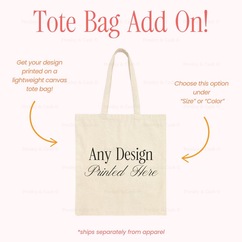 a beige tote bag with the text "Any Design Printed Here" printed on it. The bag is displayed against a pink background, and there are two orange arrows pointing towards the bag, suggesting that it can be customized with a design.