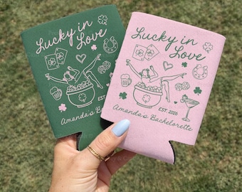 Lucky In Love Bachelorette Can Cooler, St Patricks Day Drink Sleeves, Green Bach Can Coolers, Custom Bridal Party Gifts