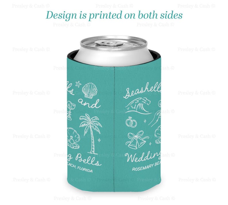 Teal can cooler with “Seashells and Wedding Bells” design printed on both sides, featuring beachy icons like waves, palm trees, rings, and wedding bells. Rosemary Beach bachelorette theme.