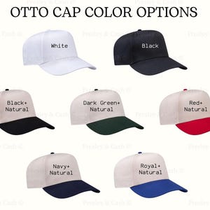 May include: An image showcasing various Otto cap color options. The caps are displayed in white, black, black and natural, dark green and natural, red and natural, navy and natural, and royal and natural. The text "OTTO CAP COLOR OPTIONS" is at the top.