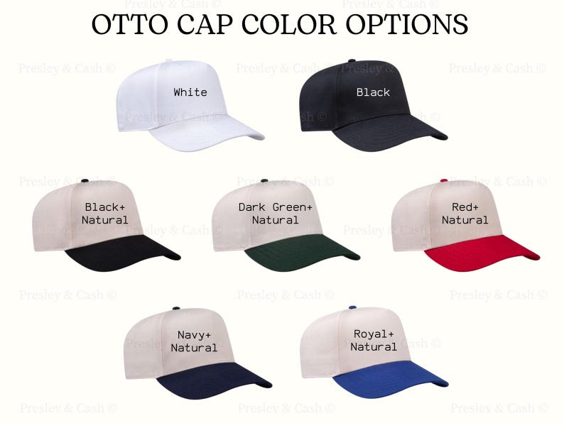 May include: An image showcasing various Otto cap color options. The caps are displayed in white, black, black and natural, dark green and natural, red and natural, navy and natural, and royal and natural. The text "OTTO CAP COLOR OPTIONS" is at the top.