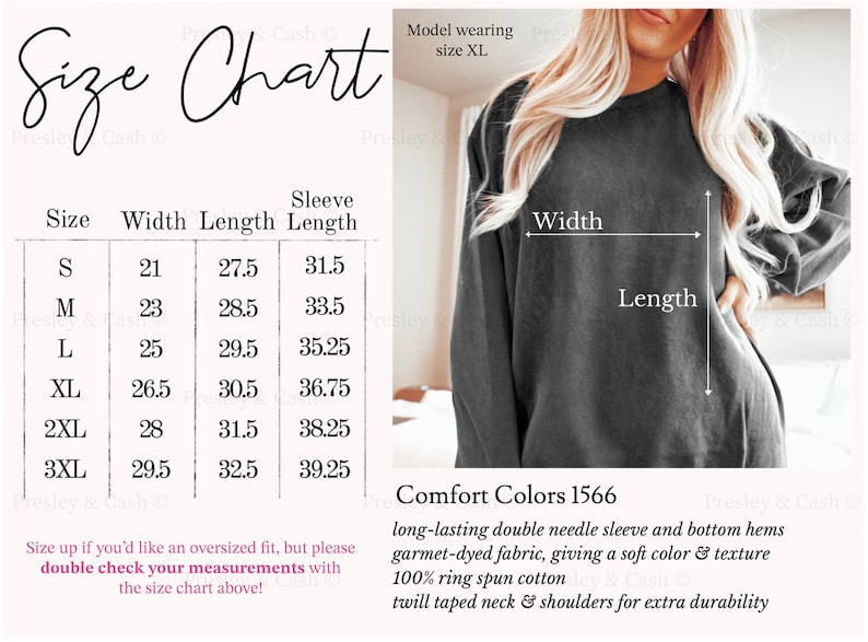 Op de afbeelding: Maattabel voor een sweatshirt met afmetingen in inches voor breedte, lengte en mouwlengte. De tabel toont maten S tot en met 3XL. Het sweatshirt is grijs en heeft een duurzame dubbele naadmouw en zoom. De stof is garment-gekleurd, wat een zachte kleur en textuur geeft. Het is gemaakt van 100% ringgesponnen katoen met een twill-tape nek en schouders voor extra duurzaamheid. Comfort Colors 1566.