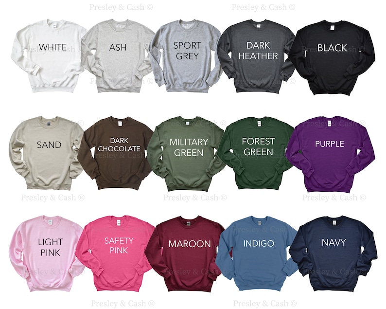 Peut inclure: Un assortiment de 12 sweat-shirts &agrave; col rond dans diff&eacute;rentes couleurs, notamment blanc, gris cendr&eacute;, gris sport, gris fonc&eacute;, noir, sable, chocolat fonc&eacute;, vert militaire, vert for&ecirc;t, violet, rose clair, rose s&eacute;curit&eacute;, bordeaux, indigo et marine. Chaque sweat-shirt a une couleur diff&eacute;rente et une &eacute;tiquette de texte avec le nom de la couleur.