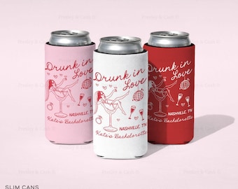 Enfriador de latas "Borracho de Amor", Fundas de latas personalizadas para San Valentín, Fundas para bebidas de despedida de soltera, Enfriador de latas rosa Bach, Regalos para despedidas de soltera