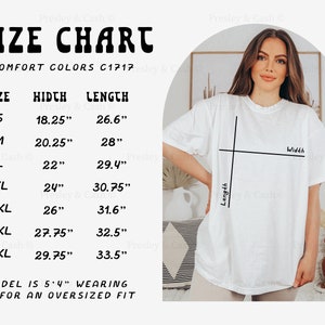 K&ouml;nnte beinhalten: Gr&ouml;&szlig;entabelle f&uuml;r ein wei&szlig;es T-Shirt mit dem Text "COMFORT COLORS C1717" und einem Model, das ein wei&szlig;es T-Shirt tr&auml;gt. Die Tabelle zeigt die Gr&ouml;&szlig;en S bis 4XL mit den entsprechenden Breiten- und L&auml;ngenma&szlig;en in Zoll.