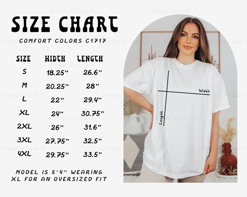 K&ouml;nnte beinhalten: Gr&ouml;&szlig;entabelle f&uuml;r ein wei&szlig;es T-Shirt mit dem Text "COMFORT COLORS C1717" und einem Model, das ein wei&szlig;es T-Shirt tr&auml;gt. Die Tabelle zeigt die Gr&ouml;&szlig;en S bis 4XL mit den entsprechenden Breiten- und L&auml;ngenma&szlig;en in Zoll.