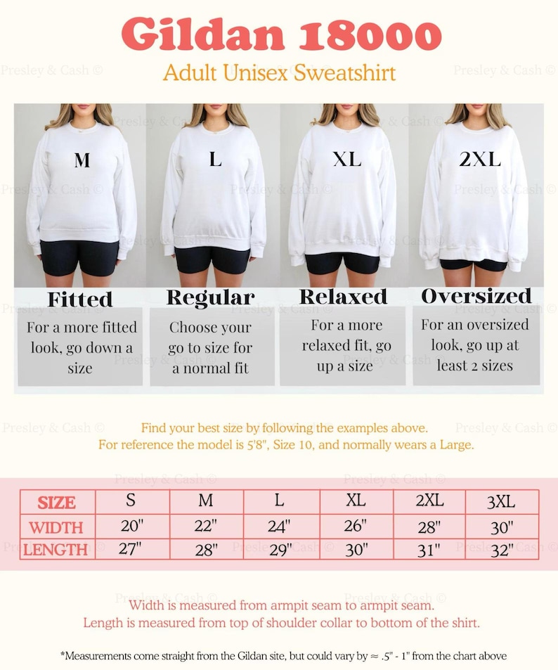 Peut inclure: Un tableau des tailles pour les sweat-shirts unisexes pour adultes Gildan 18000. Le tableau indique les mesures de largeur et de longueur en pouces pour les tailles S, M, L, XL, 2XL et 3XL. Le tableau comprend &eacute;galement des descriptions de l'ajustement pour chaque taille&nbsp;: Ajust&eacute;, Classique, D&eacute;tendu et Surdimensionn&eacute;.