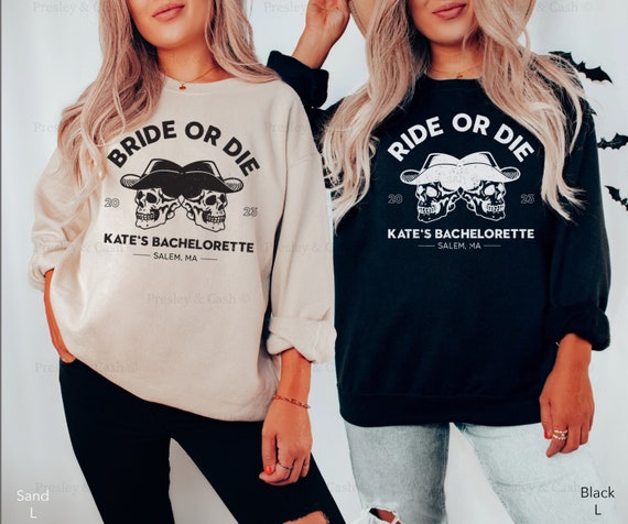 Custom Bride or Die Sweatshirts Til Death Do Us Party Halloween Bachelorette Sweatshirt Salem Bachelorette Personalized Bach Logo Crewnecks