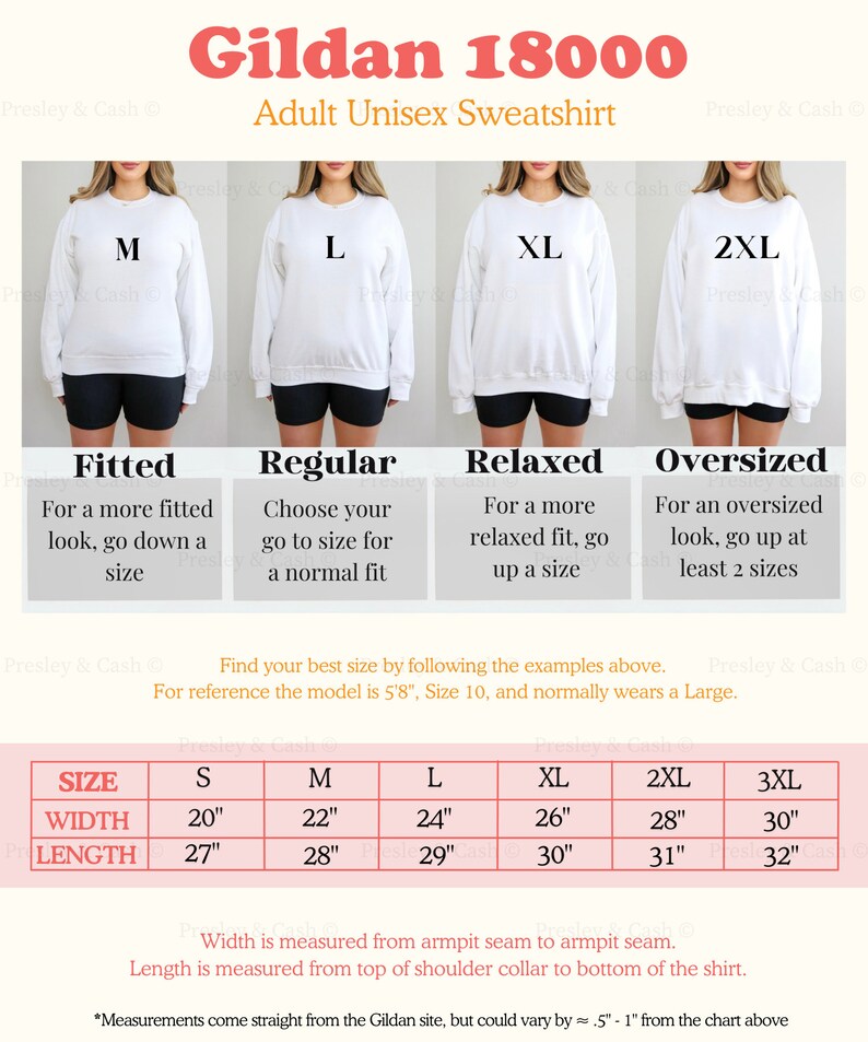 Peut inclure: Tableau des tailles pour les sweat-shirts unisexes pour adultes Gildan 18000. Le tableau indique les mesures de largeur et de longueur en pouces pour les tailles S, M, L, XL, 2XL et 3XL. Le tableau comprend &eacute;galement des descriptions de l'ajustement pour chaque taille&nbsp;: Ajust&eacute;, Classique, Ample et Surdimensionn&eacute;.