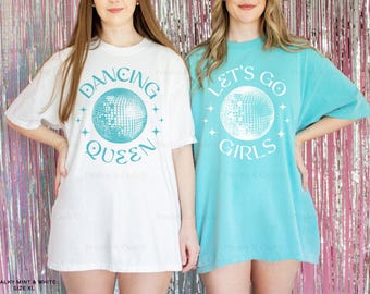 Camisetas de despedida de soltera disco, camiseta personalizada de la última discoteca de la novia, camiseta de la reina del baile de despedida de soltera de los años 70, camiseta de colores cómodos y de moda, camiseta del equipo de discoteca
