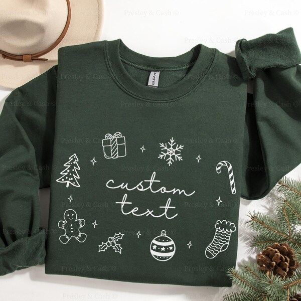 Custom Christmas Sweatshirts Cute Holiday Doodle Crewneck Personalized Text Sweatshirt Minimalist Christmas Sweater Christmas Party Sweater