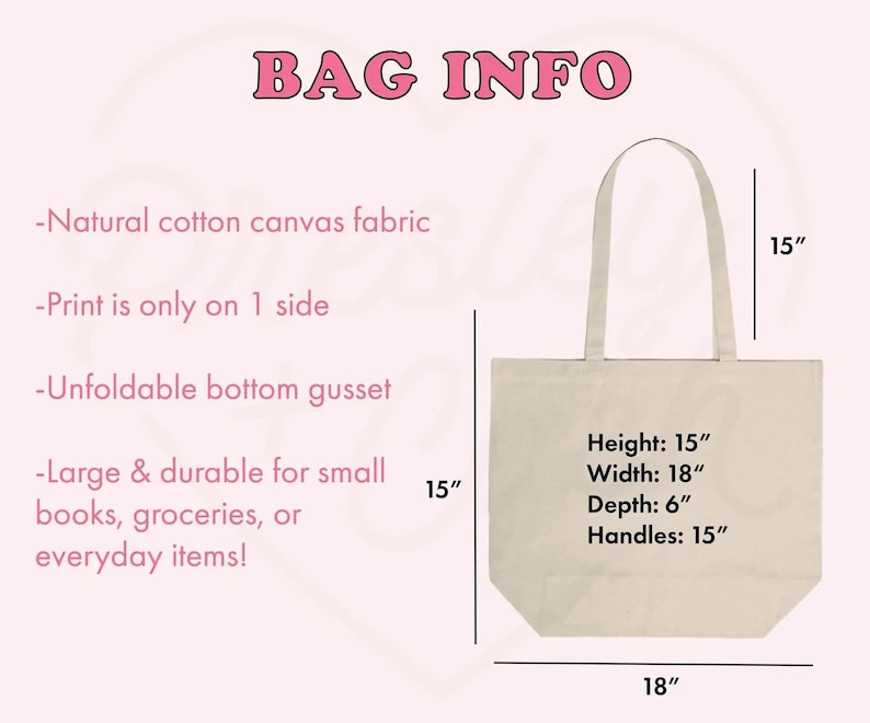 Peut inclure: Un sac fourre-tout en toile de coton naturel avec une hauteur de 38 cm, une largeur de 46 cm, une profondeur de 15 cm et des poign&eacute;es de 38 cm. Le sac a un soufflet au fond et est imprim&eacute; d'un seul c&ocirc;t&eacute;.