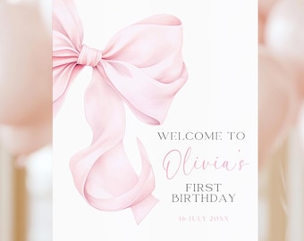 Pink Bow First Birthday Welcome Sign Girl Just Wanna Be ONE Welcome Poster Yard Sign Printable Canva Girl 1st Birthday Welcome Sign Entrance