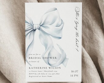 She's Tying the Knot Bridal Shower Blue Invitation Template Elegant Bridal Party Blue Bow Bridal Invitation Instant Download Canva Template