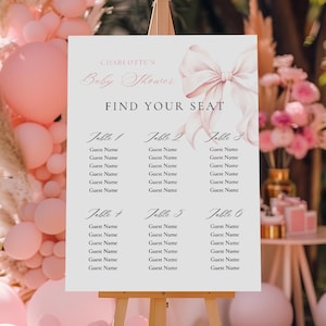 Modèle de table modifiable avec noeud rose pour baby shower Modèle de devoir de table coquette rose pour baby shower Toile minimaliste ruban rose