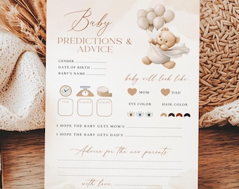 BEARLY Wait babyshowerspel, beige teddybeerballonnen afdrukbare babyshower voorspelling en advies spel Instant Download afdrukbare sjabloon