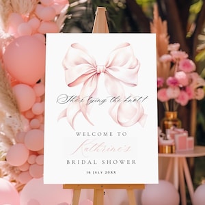 Pink Bow Bridal Shower Editable Welcome Sign Template Pink Coquette Bridal Shower Entrance Sign Template Pink Ribbon Minimalist Welcome Sign