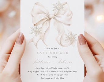 Einladungsvorlage für eine Babyparty mit beiger Schleife (Canva-Vorlage) | Elegante, festliche Einladung mit Schleife für Weihnachten – DIGITALER DOWNLOAD