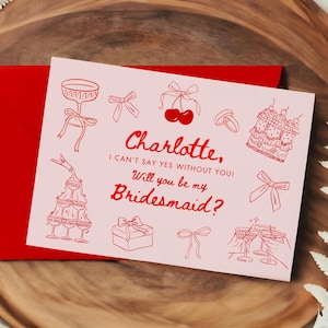 Modèle de carte de proposition de demoiselle d'honneur rétro rouge rose dessinée à la main Coquette de mariage noeud de demoiselle d'honneur demoiselle d'honneur noeud cerise thème moderne à imprimer sur toile