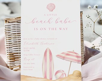 A Little Beach Babe Baby Shower Invitation Template | Pink Girly Cabana Club Snowboard Canva Printable Invite