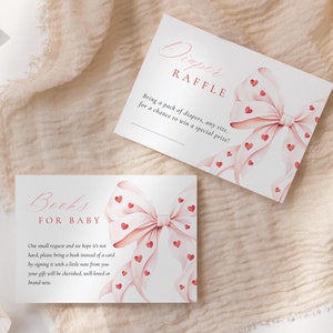 Nœud rose, coeur rouge, livres de baby shower pour enceinte, modèle de carte Coquette, baby shower de la Saint-Valentin, tombola de couches en coeur