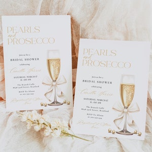 Plantilla de invitación para despedida de soltera con lazo blanco de perlas y prosecco. Plantilla editable de invitación para brunch con champán y perlas y prosecco.