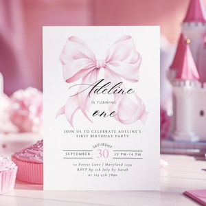 Pink Bow 1st Birthday Invitation Our Little Is Turning One Girl First Birthday Invite Elegant 1st Pink Ribbon Theme Party Invitation Canva