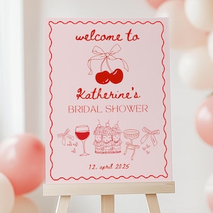 Cherry On Top Brautparty Willkommensschild Vorlage kokette Schleife Retro Hand gezeichnet rosa rot Brunch Vintage Hochzeitsdusche Eingangsschild Canva