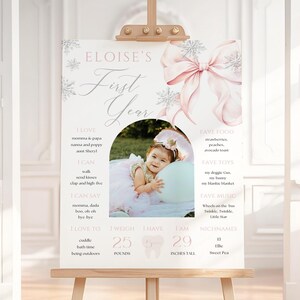 Rose noeud hiver Onederland premier anniversaire jalon modèle, premier hiver Noël anniversaire fille Party Decor étape importante imprimable