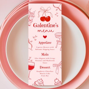 Kers op de top Galentine's Day menukaartsjabloon roze rood meisjes nacht dinerkaart Galentines handgetekende partij Valentijnsdag retro Canva