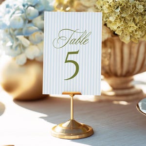 Editable Wedding Table Number Template | Blue & Green Stripes Table Sign | Canva Printable