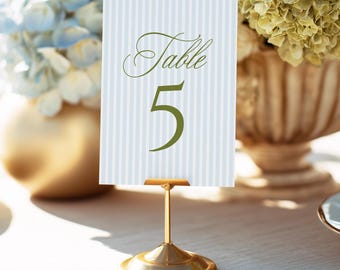 Editable Wedding Table Number Template | Blue & Green Stripes Table Sign | Canva Printable