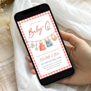 May include: A digital invitation for a Baby-Q baby shower displayed on a smartphone screen. The design features a red and white gingham border, a clothesline with baby items, and text including "Join us for a Baby-Q", "Elisabeth & Steve", and event details.