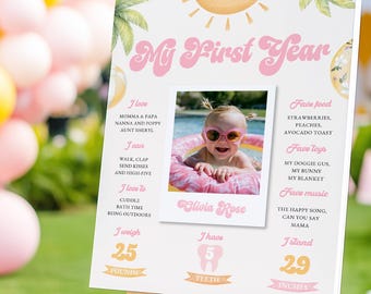 Vorlage für eine Meilensteintafel zum ersten Geburtstag | Retro-Poolparty-Sommerparty-Schild zum Ausdrucken (Mädchen)