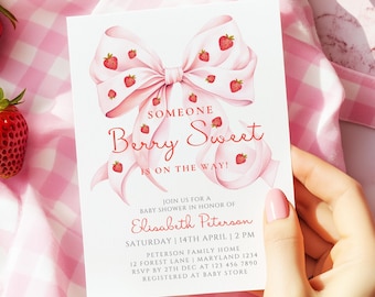 Beere süß Babypartyeinladung Vorlage Erdbeere Beere süß ist kokett Baby Mädchen Schleife rosa Bogen einladen Canva Printable