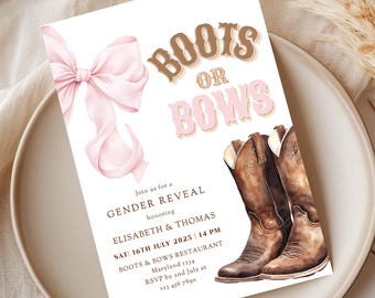 Einladungsvorlage zur Geschlechtsenthüllung: Stiefel oder Schleifen | Western-Thema in Rosa und Braun | Bearbeitbare digitale Einladung (Canva-Druckvorlage) | Verspielte Ästhetik