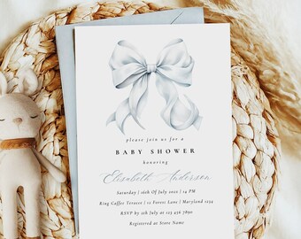 Blue Bow Baby Shower Invitation Template Boy Baby Shower Canva Template Cute Coquette Pastel Blue Baby Shower Invite Blue Ribbon Invitation