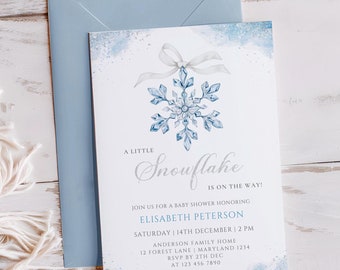 Einladungsvorlage für eine Babyparty „Kleine Schneeflocke unterwegs“ | Blaue Jungen-Babyparty (Canva-Download)