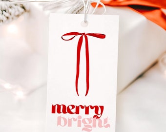 5x druckbare Geschenkanhänger Weihnachten Modern Rot & Rosa Urlaub Geschenkanhänger Festlich Schleife fröhlich hell Designs DIY Geschenkverpackung Etiketten Retro Girly Canvas