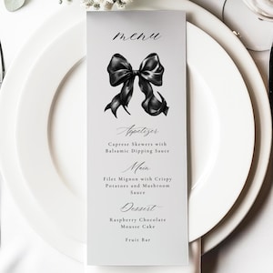 Sjabloon zwarte strik menukaart babyshower bruids douche bruiloft menusjabloon Canva afdrukbare zwarte strik lint minimalistisch elegant zwart