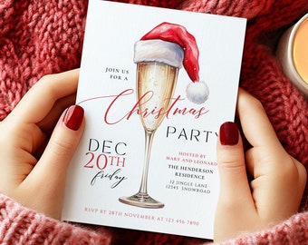 Weihnachtsfeier-Einladung Urlaub Friendmas Invite Prosecco Nikolausmütze Party-Einladung Elegante Erwachsene Firma Weinglas Champagner Glas