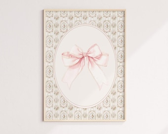 Vintage Pink Bow Nursery Baby Girl Wall Art Template Grandmillenial Decor Coquette Bow Victorian Floral Pattern Printable Art Print