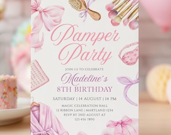 Pamper Birthday Party Invitation Template | Spa Sleepover Pink Theme Canva Editable