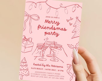 Frohe Friendsmas Party-Einladung Rosa und Rot Feiertags-Weihnachtsfeiertags-laden Retro Hand gezeichnet Girly Kokette Girly Nacht-Champagner