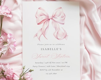 Rosa Bogen Bonbon 16 Geburtstags-Einladungs-Schablone 16. Geburtstag-Mädchen-Geburtstags-Einladungs-elegante 16. rosa Band-Thema-Party Einladung Kokette