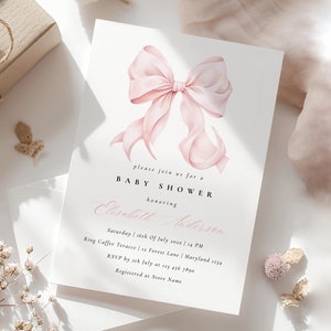 Modello di invito per baby shower con fiocco rosa cipria Modello di invito per baby shower con canva per bambina Elegante invito per baby shower con fiocco rosa cipria Download immediato