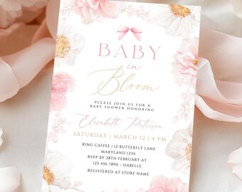 Sjabloon baby in bloei babyshower uitnodiging pastel aquarel bloemen elegante strik bloemen uitnodigen roze bloemen flirt afdrukbare canvas