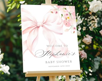 Pink Bow Baby in Bloom Baby Shower Welcome Sign Template Elegant Watercolor Floral Coquette Ribbon Girl Baby Shower Signage Printable Canva