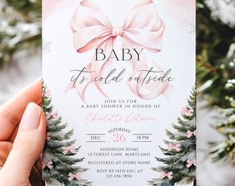 Einladungsvorlage „Babyparty mit rosa Schleife – Es ist kalt draußen“ | Weihnachtskiefer, Schneeflocken, Winterwunderland | DIGITALER DOWNLOAD (CANVA)