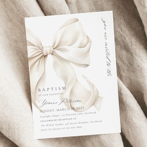 Invito battesimo fiocco neutro Invito battesimo neutro Invito battesimo elegante Nastro bianco Crema Avorio Invito stampabile Canva